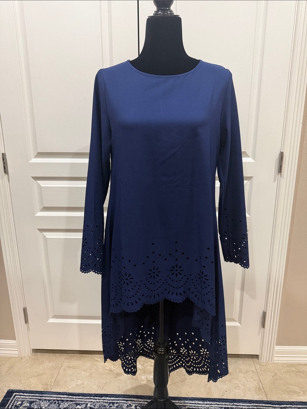 SHEIN Navy Laser-Cut Hi-Low Tunic Top